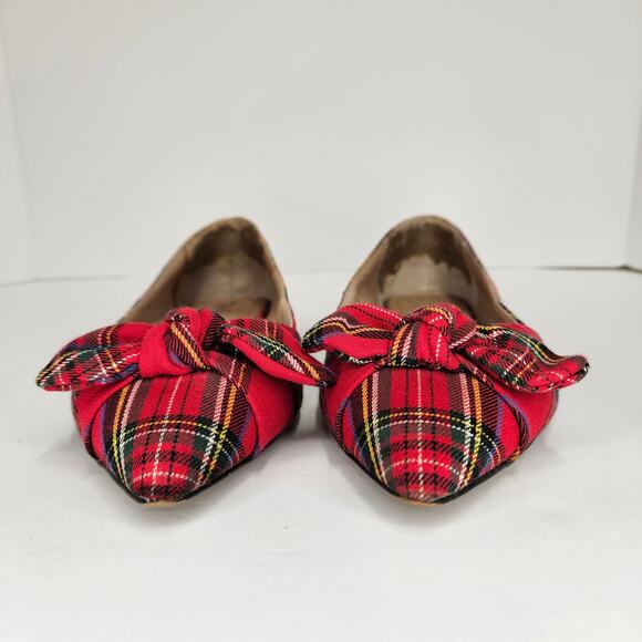 Red Tartan Plaid J. Jill‎ Simone Pointy Toe Flats With Bow Size 8.5 - Picture 7 of 8